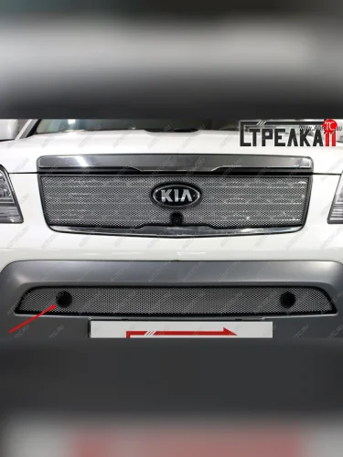 Защитная сетка радиатора в бампер (ячейка 3х7 мм, низ, под парктроник) Стрелка11 Стандарт (хром) KIA Mohave HM рестайлинг (2017-2020)