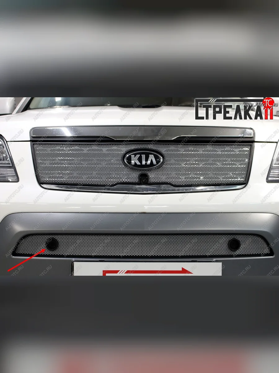 Защитная сетка радиатора в бампер (ячейка 3х7 мм, низ, под парктроник) Стрелка11 Стандарт KIA Mohave HM рестайлинг (2017-2020) (хром)  в Керчи Республика Крым