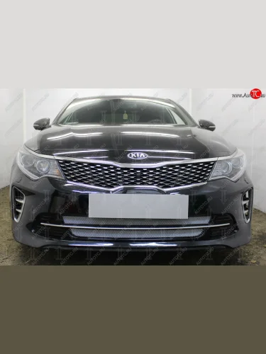 Защитная сетка радиатора в бампер (ячейка 3х7 мм, GT/GT-Line) Стрелка11 Стандарт (хром) KIA Optima 4 JF дорестайлинг седан (2016-2018)