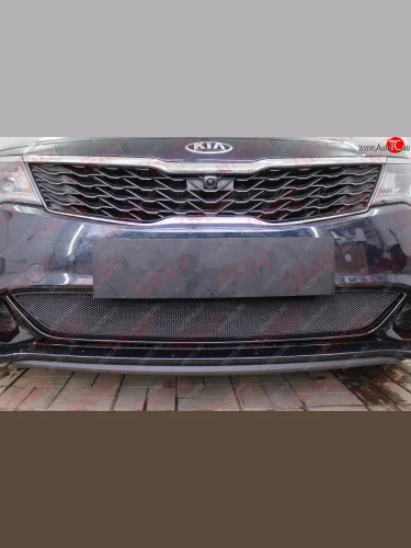 Защитная сетка радиатора в бампер (ячейка 3х7 мм, GT/GT-Line) Стрелка11 Стандарт (черная) KIA Optima JF седан рестайлинг (2018-2020)