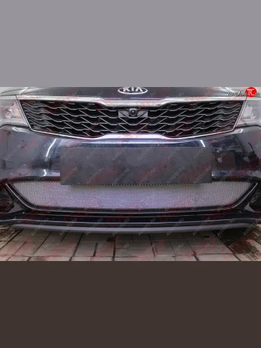 Защитная сетка радиатора в бампер (ячейка 3х7 мм, GT/GT-Line) Стрелка11 Стандарт (хром) KIA Optima JF седан рестайлинг (2018-2020)