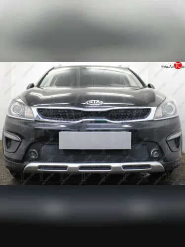 Защитная сетка радиатора в бампер (ячейка 3х7 мм, верх) Стрелка11 Стандарт (черная) KIA Rio X-line (2017-2021)