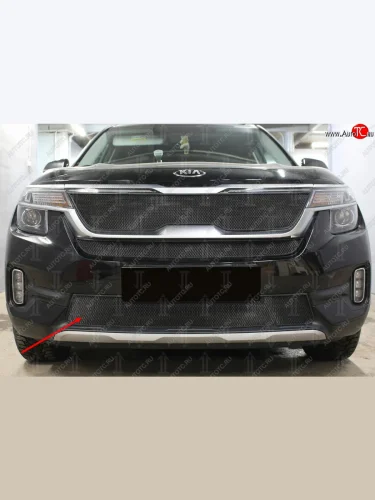 Защитная сетка радиатора в бампер (ячейка 3х7 мм, низ) Стрелка11 Стандарт (черная) KIA Seltos SP2 дорестайлинг (2019-2022)