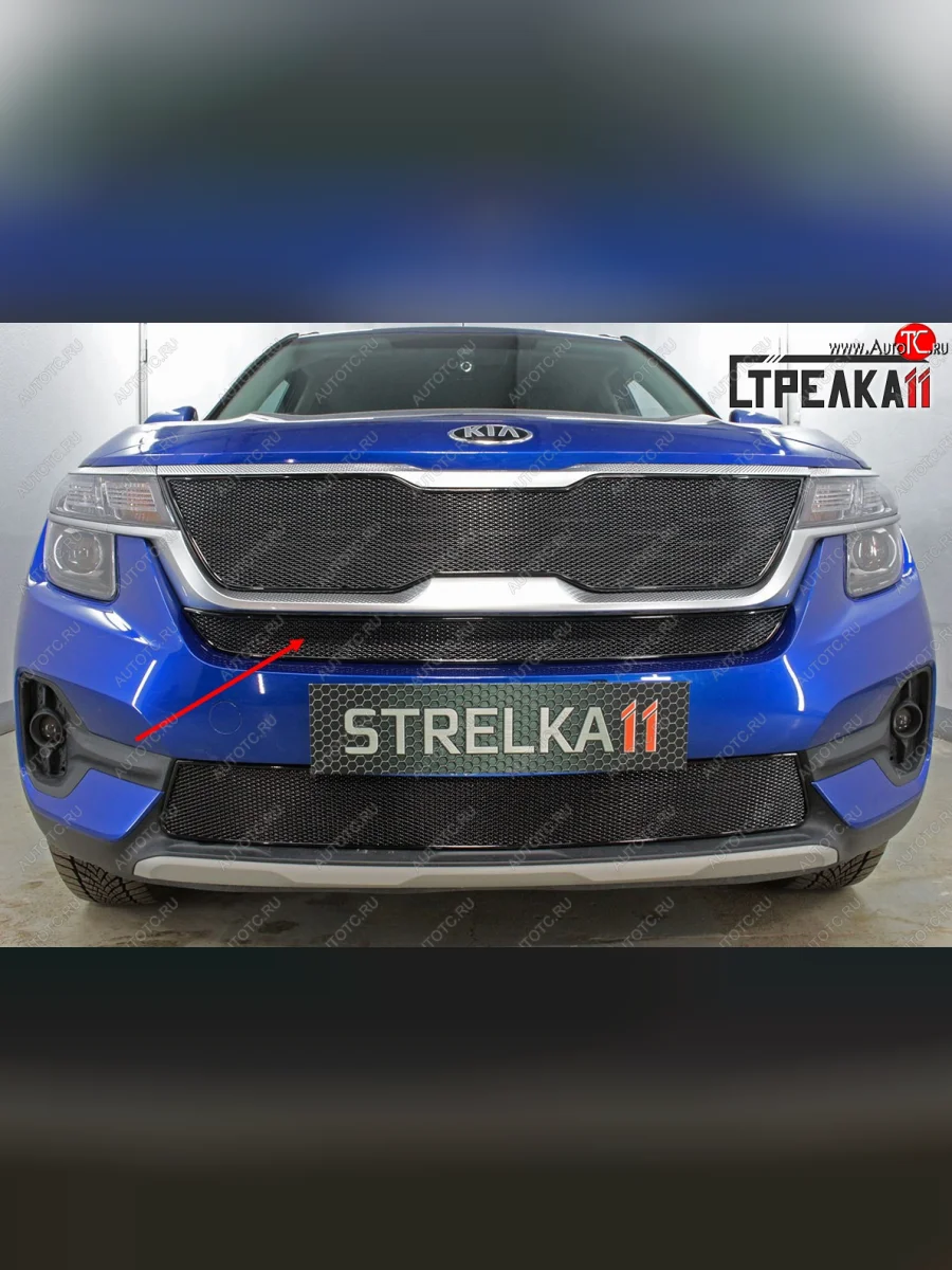Защитная сетка радиатора в бампер (ячейка 4х10 мм) Стрелка11 Премиум KIA Seltos SP2 дорестайлинг (2019-2022) (черная)  в Самаре Самарской области