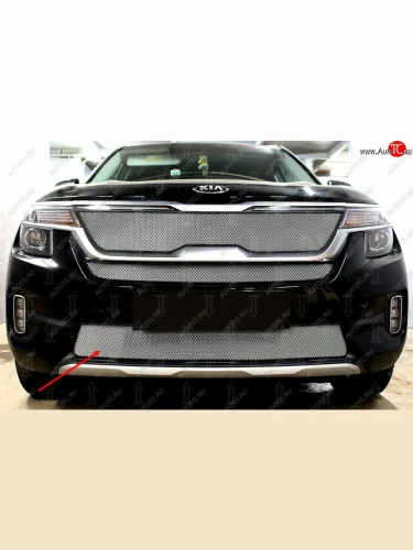 Защитная сетка радиатора в бампер (ячейка 3х7 мм, низ) Стрелка11 Стандарт (хром) KIA Seltos SP2 дорестайлинг (2019-2022)