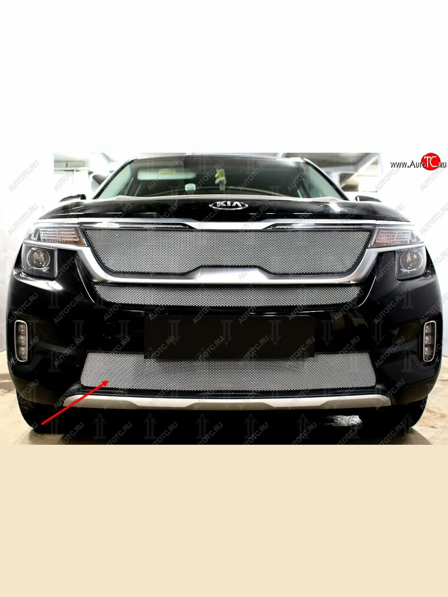 Защитная сетка радиатора в бампер (ячейка 3х7 мм, низ) Стрелка11 Стандарт KIA Seltos SP2 дорестайлинг (2019-2022) (хром)  в Самаре Самарской области