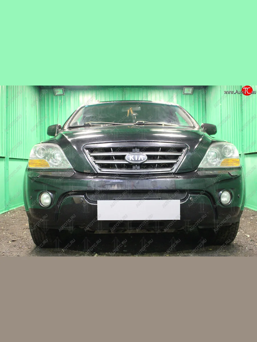 Защитная сетка радиатора в бампер (ячейка 3х7 мм) Стрелка11 Стандарт KIA Sorento BL рестайлинг (2006-2010) (черная)  с доставкой в г. Керчь
