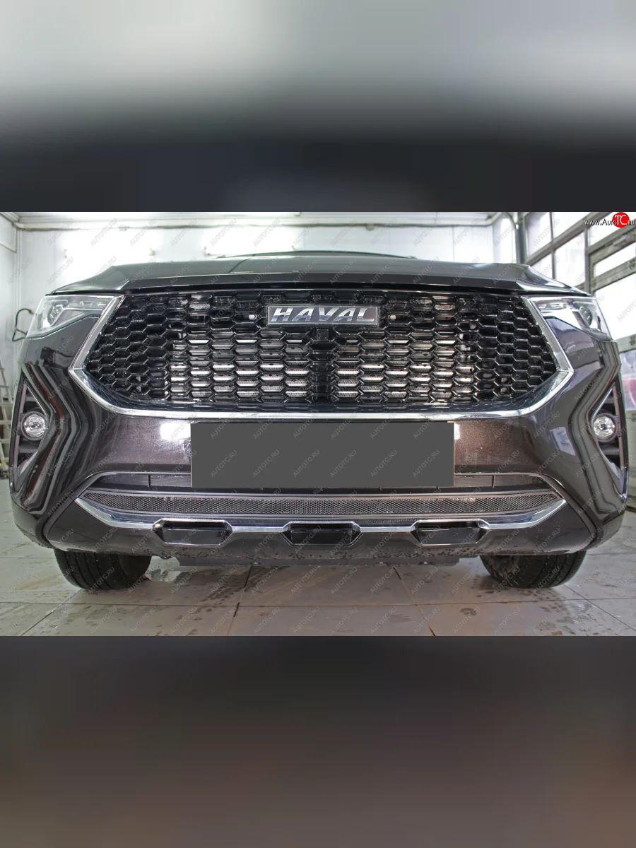 Защита радиатора в передний бампер (низ, ячейка 3х7 мм) Стрелка11 Стандарт Haval F7x дорестайлинг (2019-2022) (черная, без датчика)  с доставкой в г. Керчь