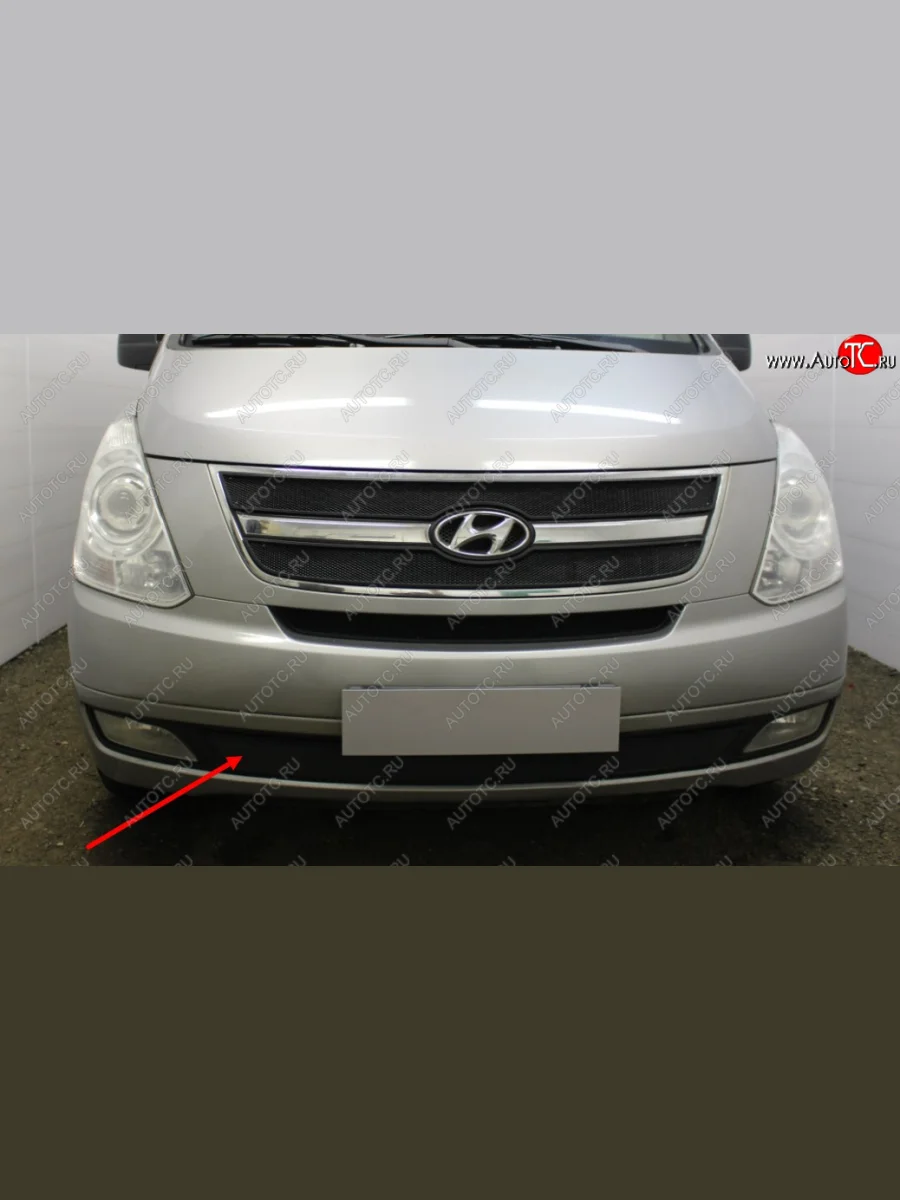 Защитная сетка радиатора в передний бампер (ячейка 3х7 мм, под буксировочный крюк) Стрелка11 Стандарт Hyundai Starex/Grand Starex/H1 TQ дорестайлинг (2007-2013) (цвет: черный)  в Перми Пермском крае