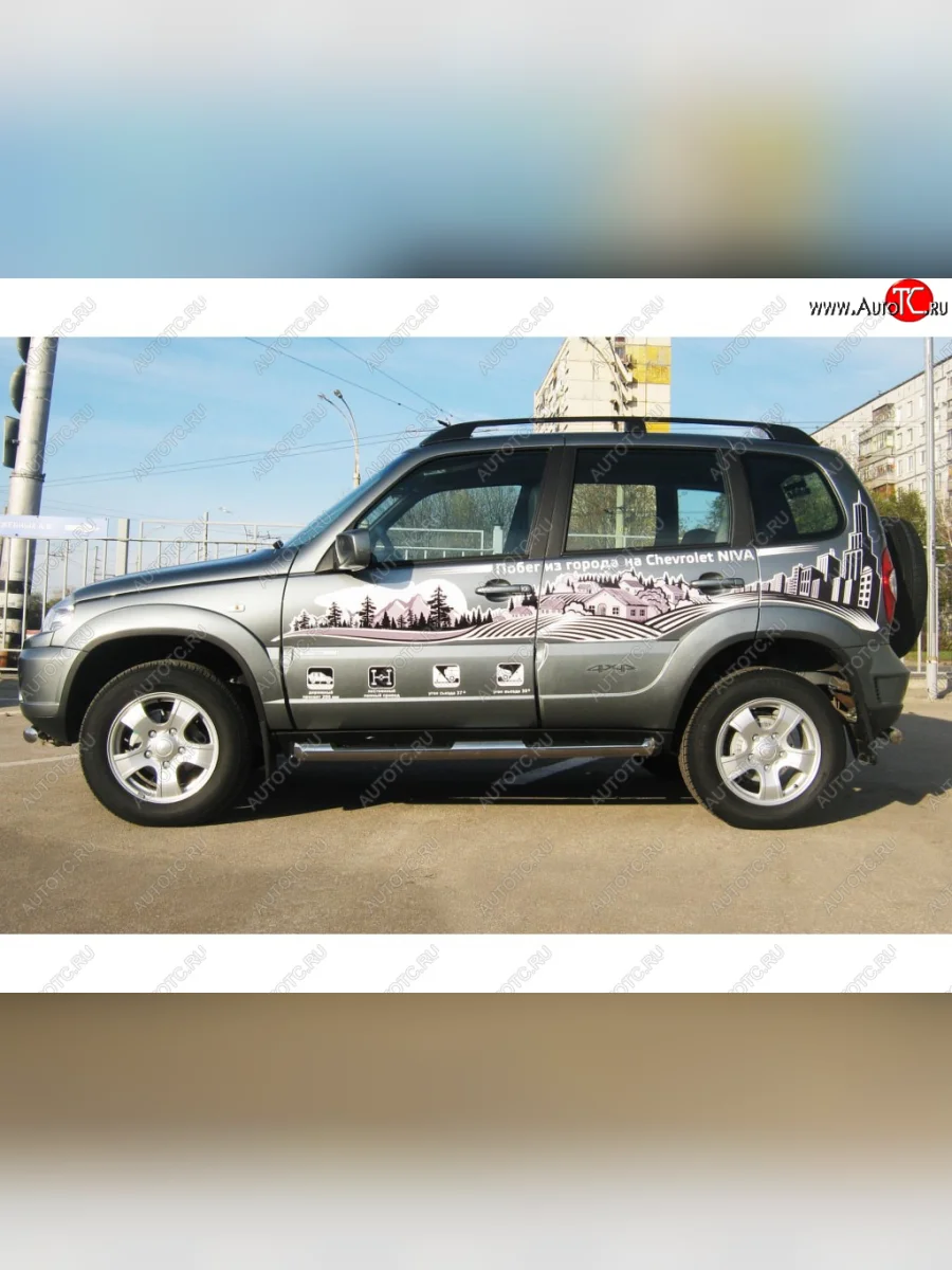 Защита порогов (круглая труба с накладками, диаметр 76 мм) SLITKOFF  Chevrolet Niva (2009-2020), Лада ВАЗ 2123 (Нива Шевроле) (2009-2020) (Скос на торцах 45°)  в Самаре Самарской области