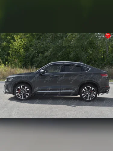 Защита порогов (труба, d63 мм., с чёрным полимерным покрытием) SLITKOFF Geely Tugella  FY11,HPBA4 (2019-2025) дорестайлинг, рестайлинг