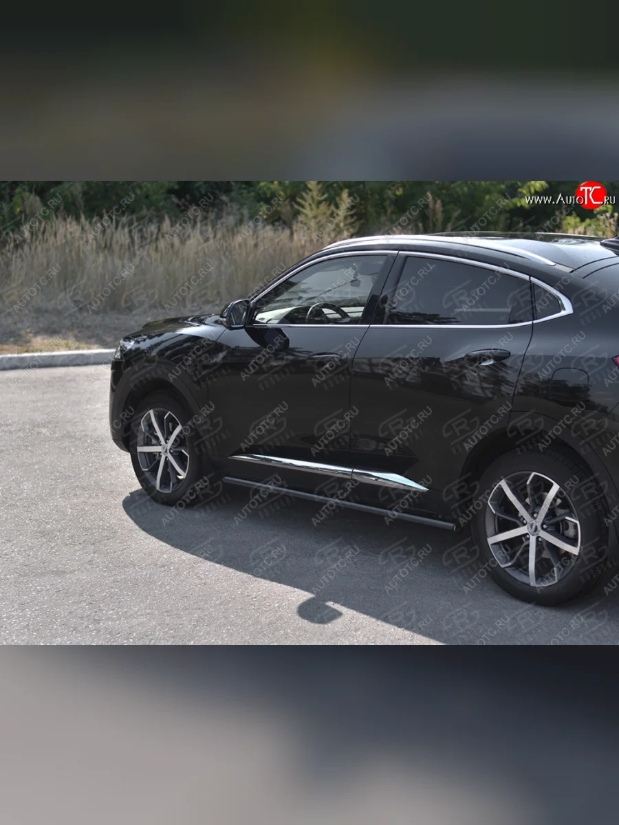 Защита порогов (труба d63 мм, с чёрным полимерным покрытием) SLITKOFF Haval F7x дорестайлинг (2019-2022) (С пластиковыми заглушками на торцах)  с доставкой в г. Пермь