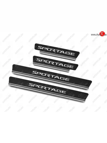 Накладки на порожки салона Russtal (Нержавейка, карбон, с надписью ) KIA Sportage  5 NQ5 (2021-2025)
