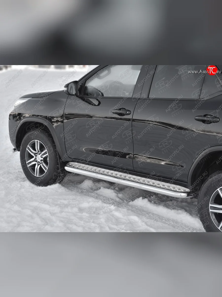 Защита порогов (труба d63 мм с листом) SLITKOFF Toyota Fortuner AN160 дорестайлинг (2015-2020) (Лист алюминий/профиль нержавейка)  в Самаре Самарской области