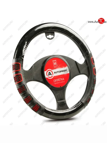 Оплётка руля (35-37см. (S), чёрная экокожа, красные 3D вставки) AUTOPROFI (Чёрный/красный) 