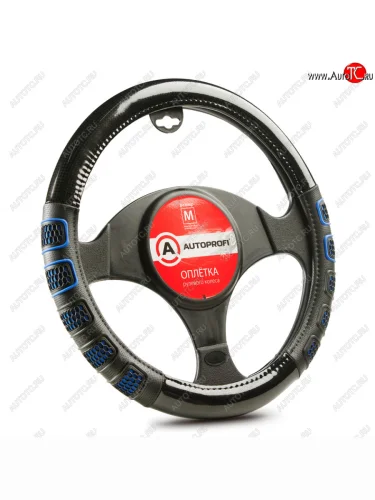 Оплётка руля (35-37см. (S), чёрная экокожа, синие 3D вставки) AUTOPROFI (Чёрный/синий) 