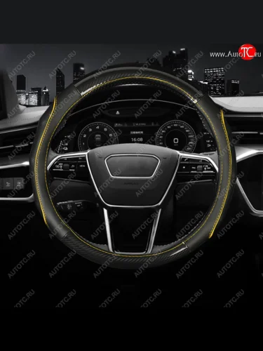Оплетка руля (кожзам+карбон, 37-39 см) Автопилот BLW-006 (черный/желтый) 
