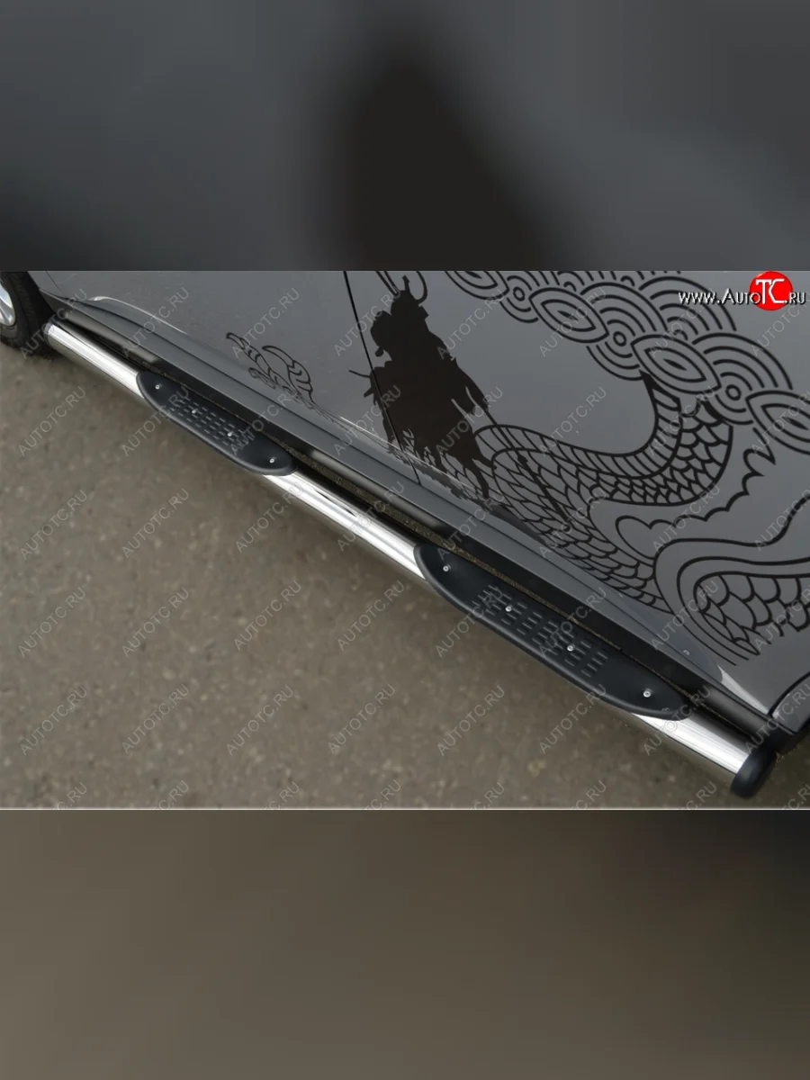 Защита порогов с пластиковыми вставками для ног из круглой трубы диаметром 76 мм SLITKOFF Mitsubishi Outlander GF дорестайлинг (2012-2014) (Защита порогов с заглушками на торцах (вариант 2))  в Керчи Республика Крым