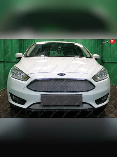 Защитная сетка в бампер (низ, ячейка 3х7 мм) Alfeco Стандарт (Хром) Ford Focus 3 седан рестайлинг (2014-2019)