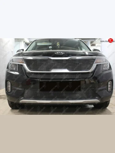 Защитная сетка в бампер (верх, с ДХО, ячейка 3х7 мм) Alfeco Стандарт (Чёрная) KIA Seltos SP2 дорестайлинг (2019-2022)