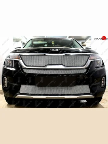 Защитная сетка в бампер (верх, с ДХО, ячейка 3х7 мм) Alfeco Стандарт (Хром) KIA Seltos SP2 дорестайлинг (2019-2022)