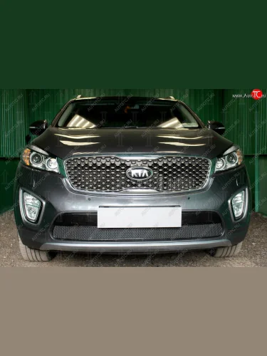 Защитная сетка в бампер (низ, ячейка 4х10 мм) Alfeco Премиум (Чёрная) KIA Sorento UM/Prime дорестайлинг (2014-2018)