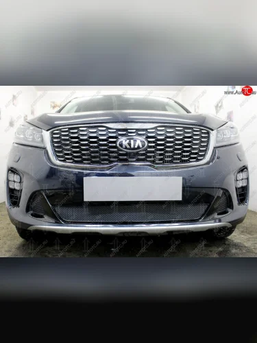 Защитная сетка в бампер (низ, ячейка 4х10 мм) Alfeco Премиум (Чёрная) KIA Sorento UM/Prime рестайлинг (2018-2020)