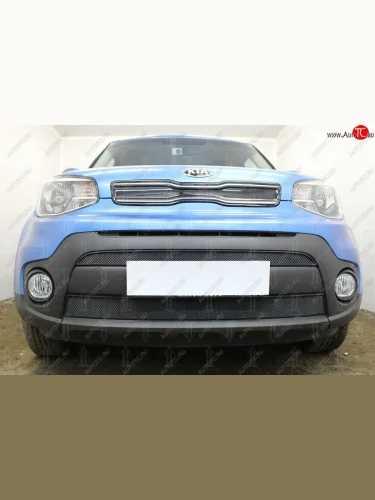 Защитная сетка в бампер (2 части, ячейка 3х7 мм) Alfeco Стандарт (Чёрная) KIA Soul PS рестайлинг (2017-2019)