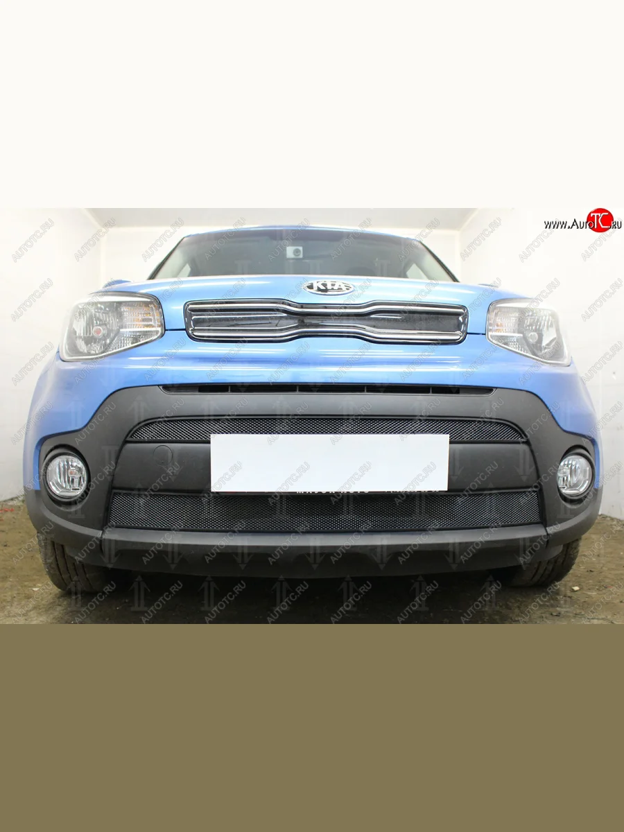 Защитная сетка в бампер (2 части, ячейка 3х7 мм) Alfeco Стандарт KIA Soul PS рестайлинг (2017-2019) (Чёрная)  в Самаре Самарской области