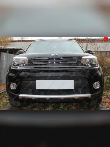 Защитная сетка в бампер (2 части, с парктроником, ячейка 3х7 мм) Alfeco Стандарт (Чёрная) KIA Soul PS рестайлинг (2017-2019)