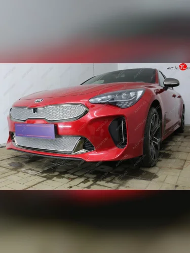 Защитная сетка в бампер (верх, ячейка 4х10 мм) Alfeco Премиум (Хром) KIA Stinger (2017-2025)