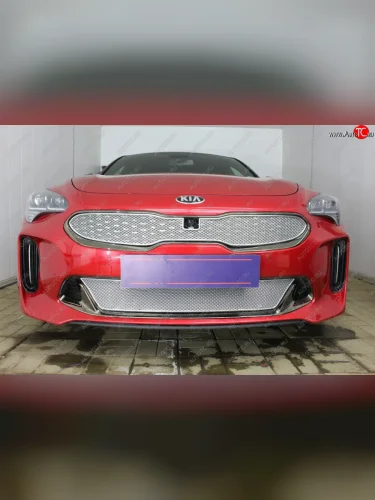 Защитная сетка в бампер (низ, ячейка 4х10 мм) Alfeco Премиум (Хром) KIA Stinger (2017-2025)