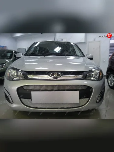 Защитная сетка в бампер (2 части, ячейка 3х7 мм) Alfeco Стандарт (Хром) Лада ВАЗ Калина 2192 хэтчбек (2013-2018)