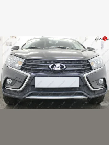 Защитная сетка в бампер (верх, 4 части, ячейка 3х7 мм) Alfeco Стандарт (Чёрная) Лада ВАЗ Веста SW 2181 универсал дорестайлинг (2017-2022)