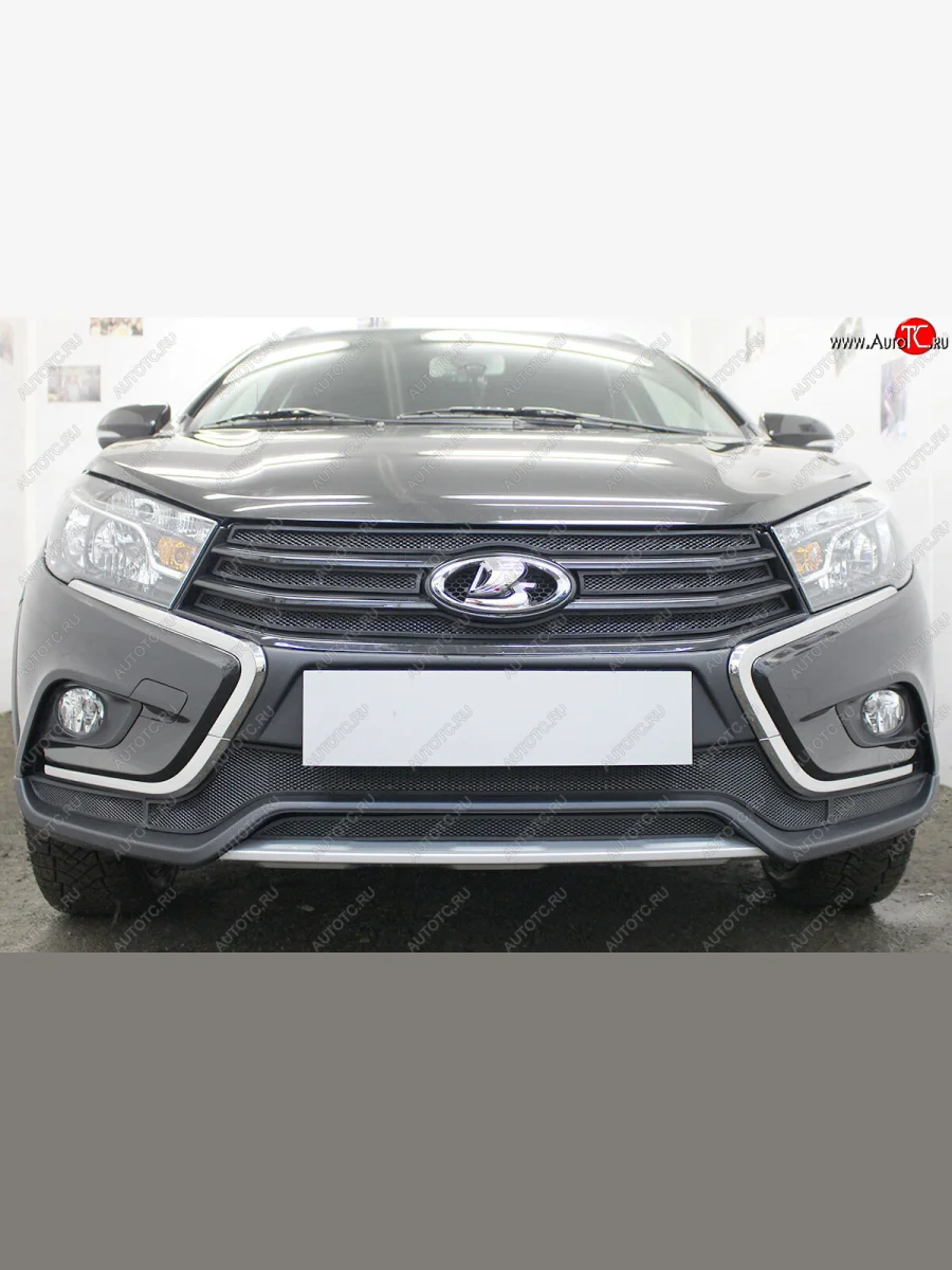 Защитная сетка в бампер (верх, 4 части, ячейка 3х7 мм) Alfeco Стандарт Лада ВАЗ Веста SW 2181 универсал дорестайлинг (2017-2022) (Чёрная)  в Самаре Самарской области