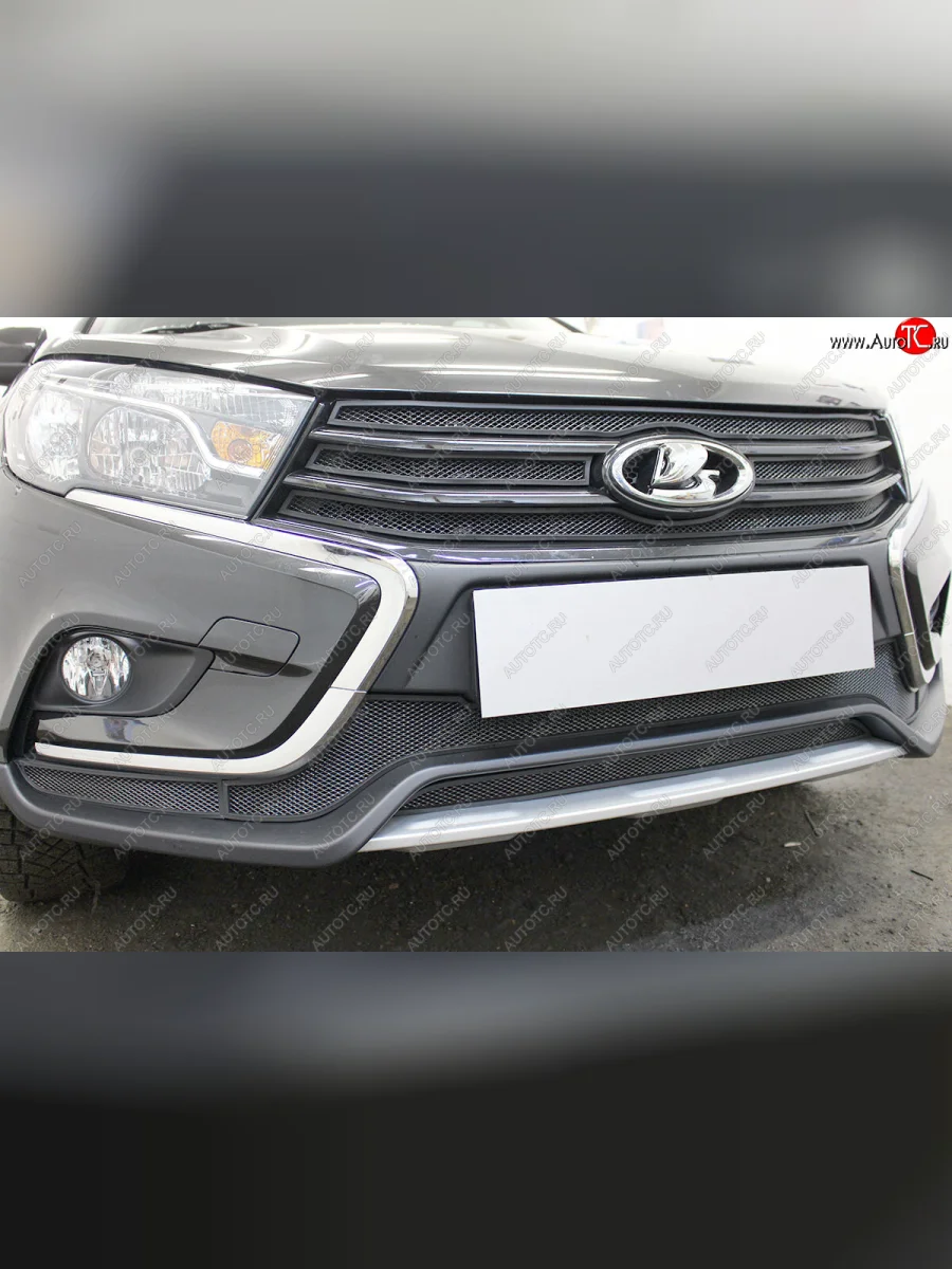 Защитная сетка в бампер (низ, 2 части, ячейка 3х7 мм) Alfeco Стандарт Лада ВАЗ Веста SW 2181 универсал дорестайлинг (2017-2022) (Чёрная)  в Самаре Самарской области