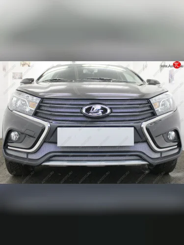 Защитная сетка в бампер (низ, 2 части, ячейка 3х7 мм) Alfeco Стандарт (Хром) Лада ВАЗ Веста SW 2181 универсал дорестайлинг (2017-2022)