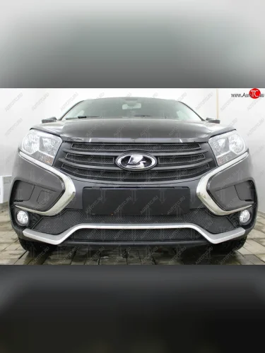 Защитная сетка в бампер (верх, 4 части, ячейка 3х7 мм) Alfeco Стандарт (Чёрная) Лада ВАЗ XRAY (2016-2022)