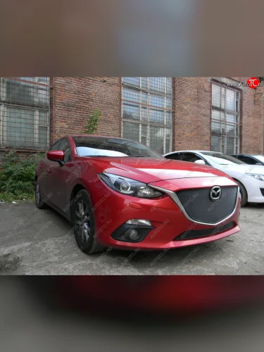 Защитная сетка в бампер (верх, ячейка 4х10 мм, без рамки под номер) Alfeco Премиум (Чёрная) Mazda 3/Axela BM дорестайлинг, хэтчбэк (2013-2016)