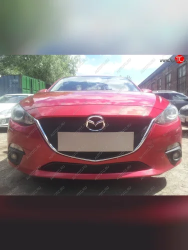 Защитная сетка в бампер (низ, ячейка 3х7 мм) Alfeco Стандарт (Чёрная) Mazda 3/Axela BM дорестайлинг, хэтчбэк (2013-2016)