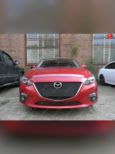 Защитная сетка в бампер (низ, ячейка 4х10 мм) Alfeco Премиум (Чёрная) Mazda 3/Axela BM дорестайлинг, хэтчбэк (2013-2016)