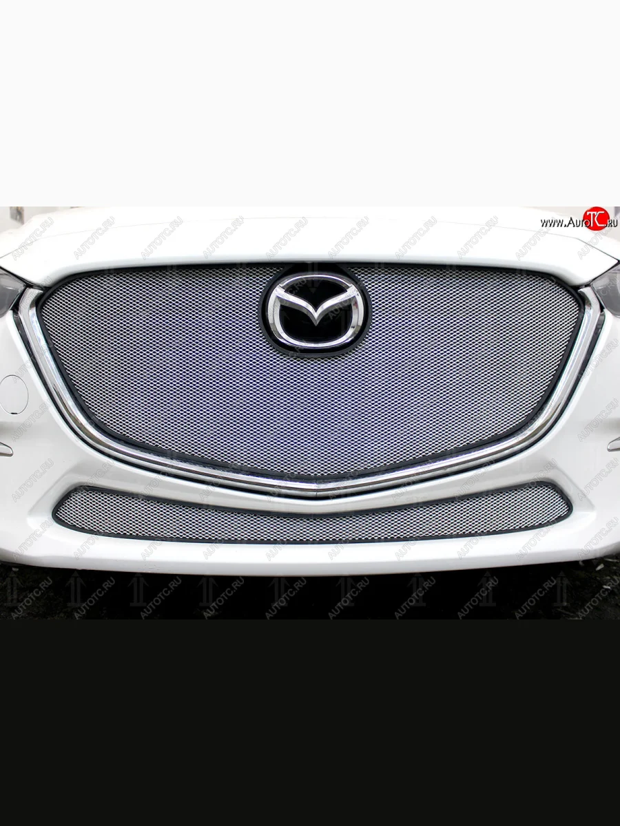 Защитная сетка в бампер (верх, ячейка 3х7 мм, без рамки под номер) Alfeco Стандарт Mazda 3/Axela BM рестайлинг, хэтчбэк (2016-2019) (Хром)  в Перми Пермском крае