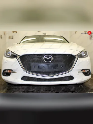 Защитная сетка в бампер (низ, ячейка 3х7 мм) Alfeco Стандарт (Чёрная) Mazda 3/Axela BM рестайлинг, хэтчбэк (2016-2019)