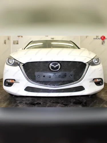 Защитная сетка в бампер (низ, ячейка 4х10 мм) Alfeco Премиум (Чёрная) Mazda 3/Axela BM рестайлинг, хэтчбэк (2016-2019)