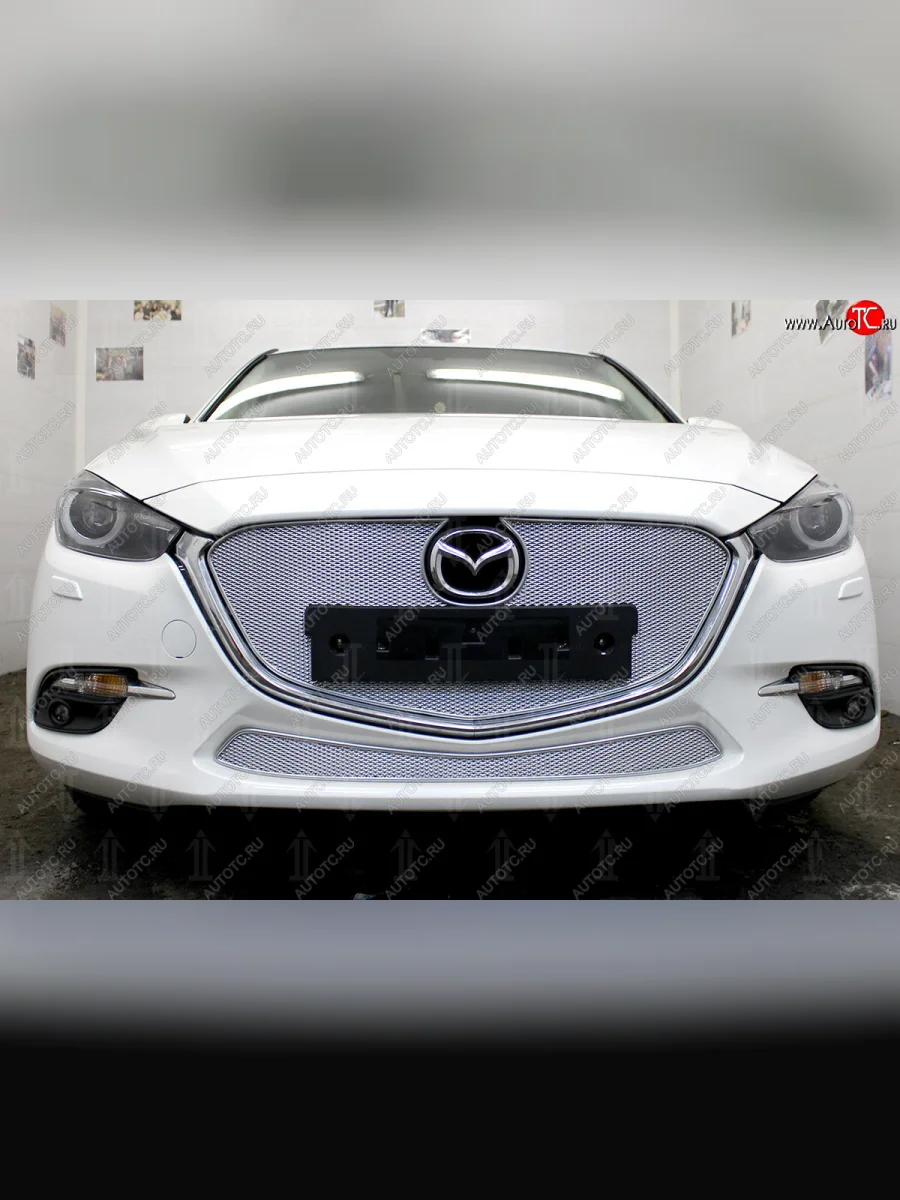 Защитная сетка в бампер (низ, ячейка 4х10 мм) Alfeco Премиум Mazda 3/Axela BM рестайлинг, хэтчбэк (2016-2019) (Хром)  в Перми Пермском крае