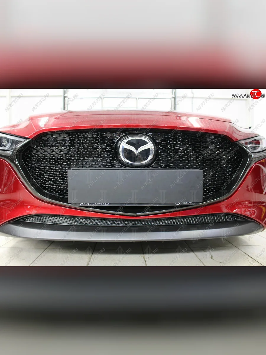 Защитная сетка в бампер (низ, ячейка 4х10 мм) Alfeco Премиум Mazda 3/Axela BP хэтчбэк (2019-2025) (Чёрная)  в Керчи Республика Крым