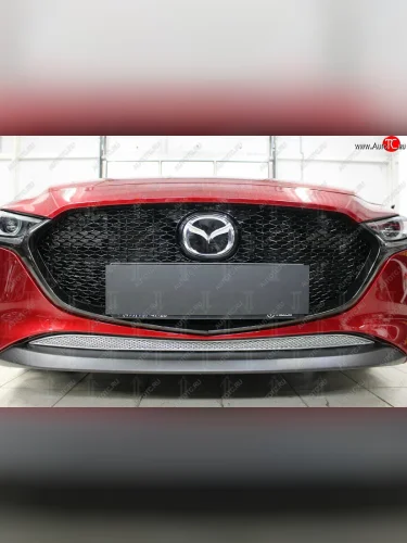 Защитная сетка в бампер (низ, ячейка 4х10 мм) Alfeco Премиум (Хром) Mazda 3/Axela BP хэтчбэк (2019-2025)