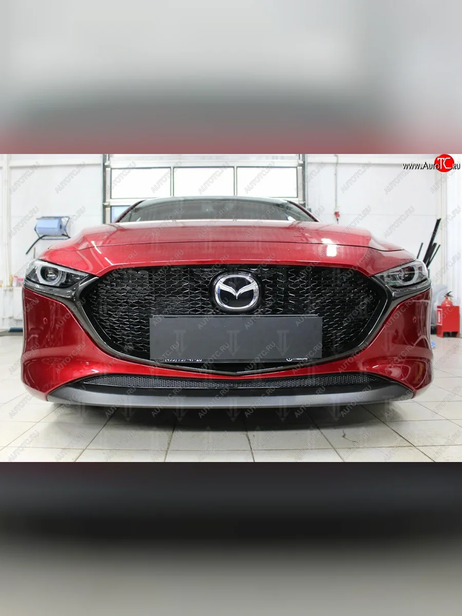 Защитная сетка в бампер (низ, ячейка 3х7 мм) Alfeco Стандарт Mazda 3/Axela BP хэтчбэк (2019-2025) (Чёрная)  в Керчи Республика Крым