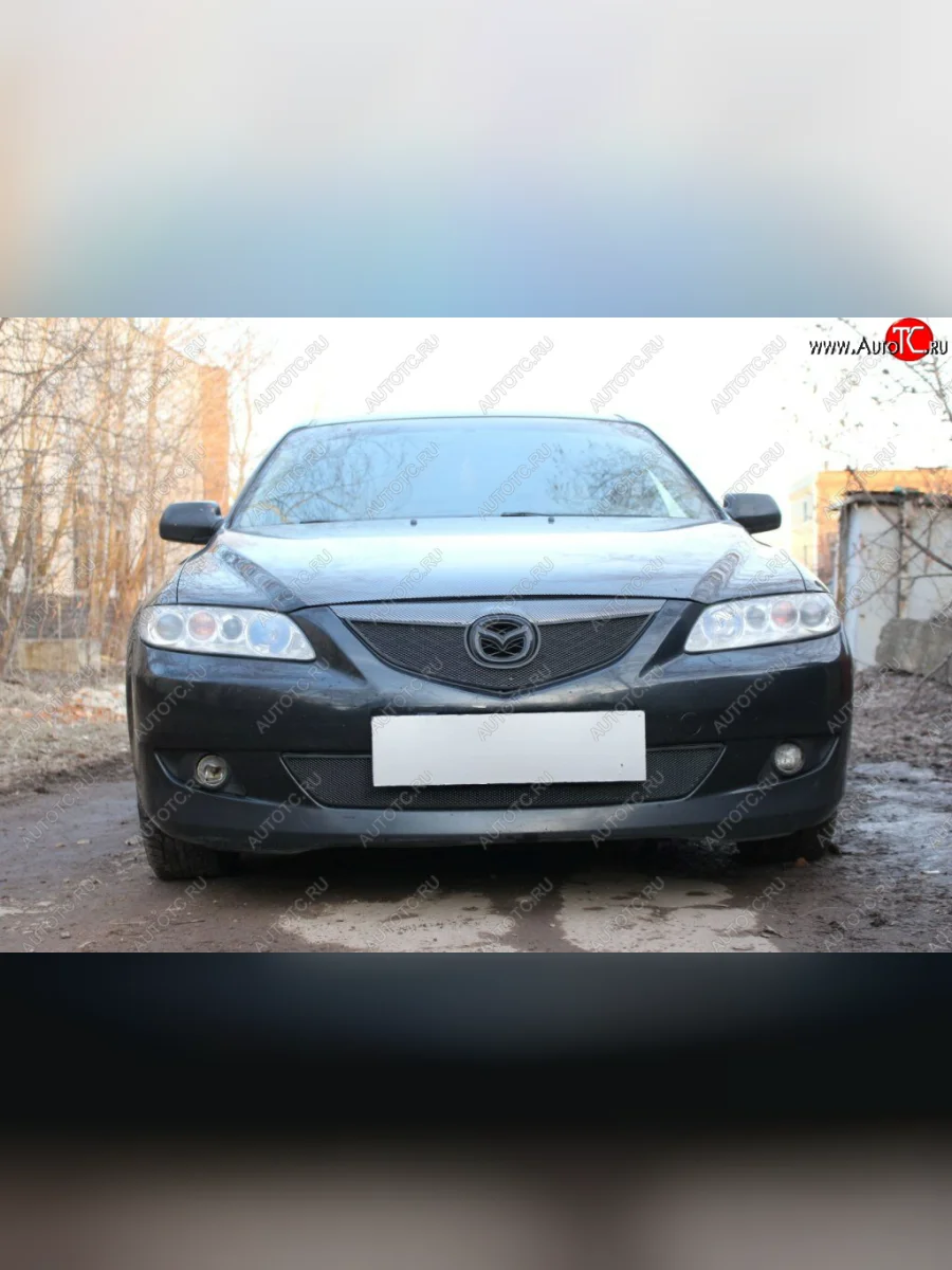 Защитная сетка в бампер (низ, ячейка 3х7 мм) Alfeco Стандарт Mazda 6 GG лифтбэк дорестайлинг (2002-2005) (Чёрная)  с доставкой в г. Керчь