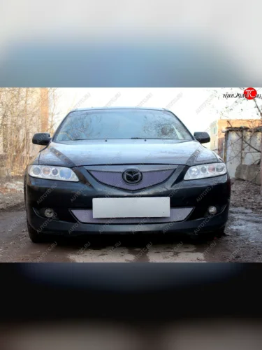 Защитная сетка в бампер (верх, ячейка 3х7 мм) Alfeco Стандарт (Хром) Mazda 6 GG лифтбэк дорестайлинг (2002-2005)